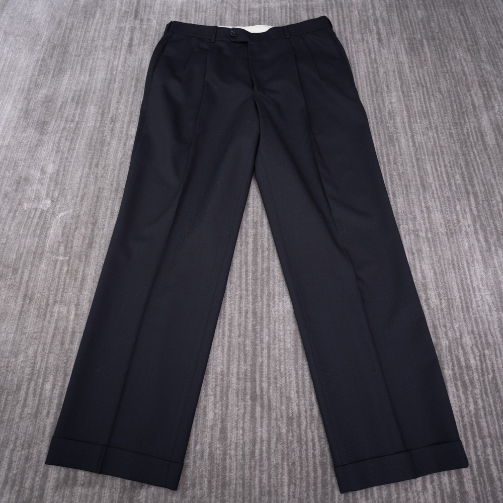 Geoffrey Beene Dress Pants Mens 34x32 Navy Blue Excellent Pleated Wool Cuffed